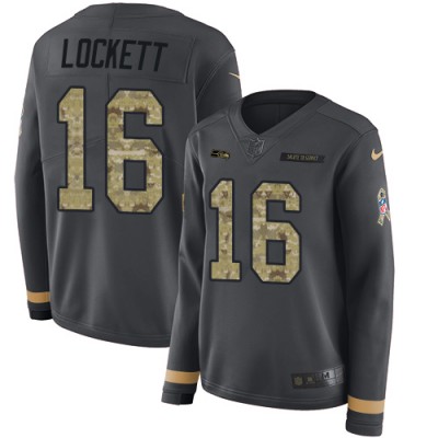 Nike Seattle Seahawks #16 Tyler Lockett Anthracite Salute to Service Women's Stitched NFL Limited Therma Long Sleeve Jersey